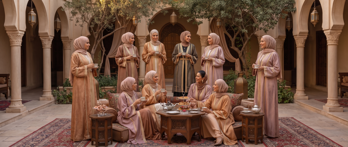 SAYSIRI Keffiyeh Kimono — women gathered for tea in a Dubai courtyard