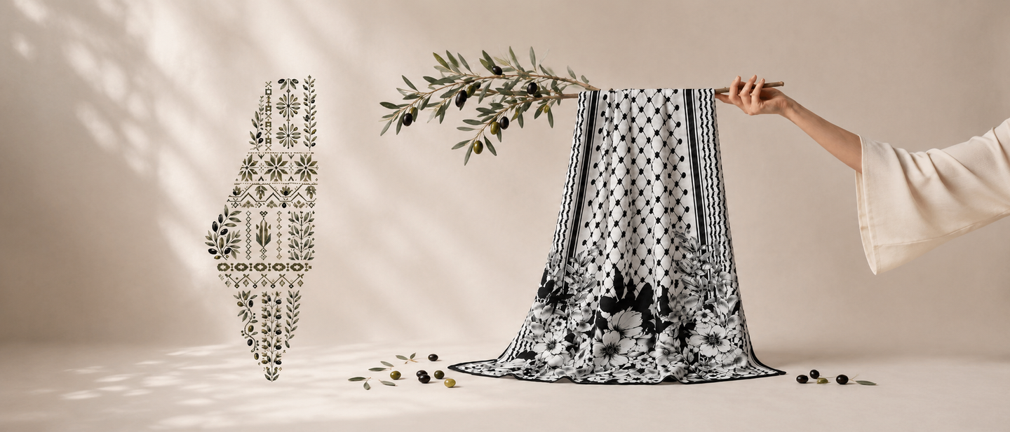 SAYSIRI Keffiyeh Scarves — tatreez print scarf collection banner