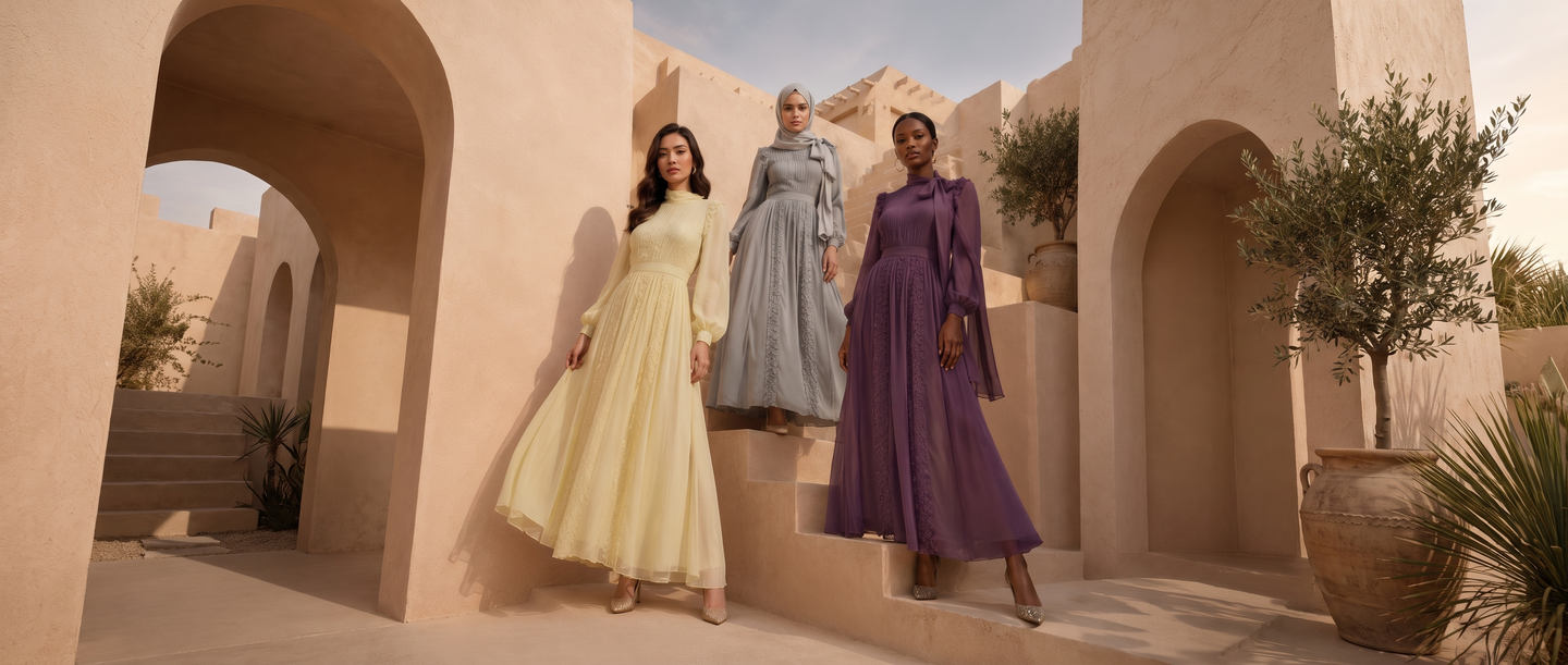 SAYSIRI Ethereal Edit chiffon maxi dresses in Primrose, Dove and Plum — lifestyle visualisation, digitally created