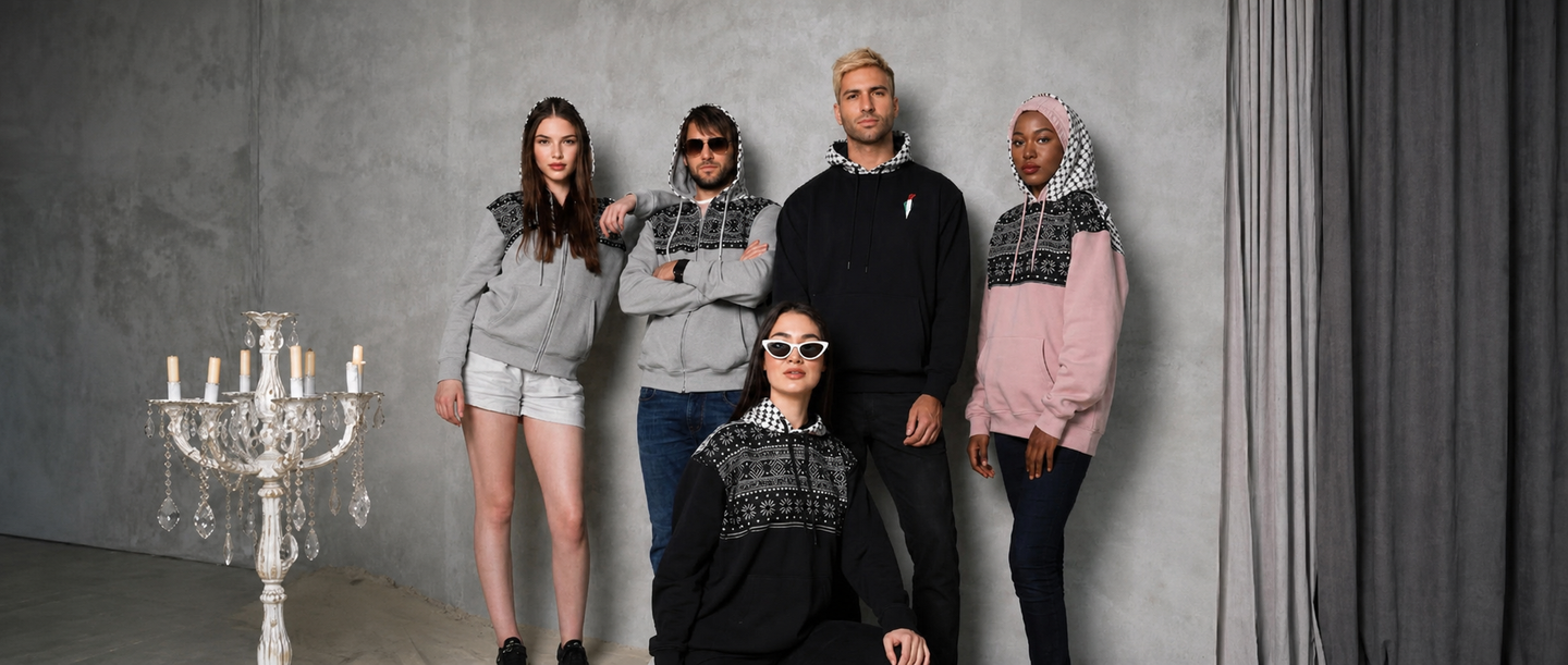 SAYSIRI Keffiyeh Tatreez hoodies — group wearing the Solidarity collection