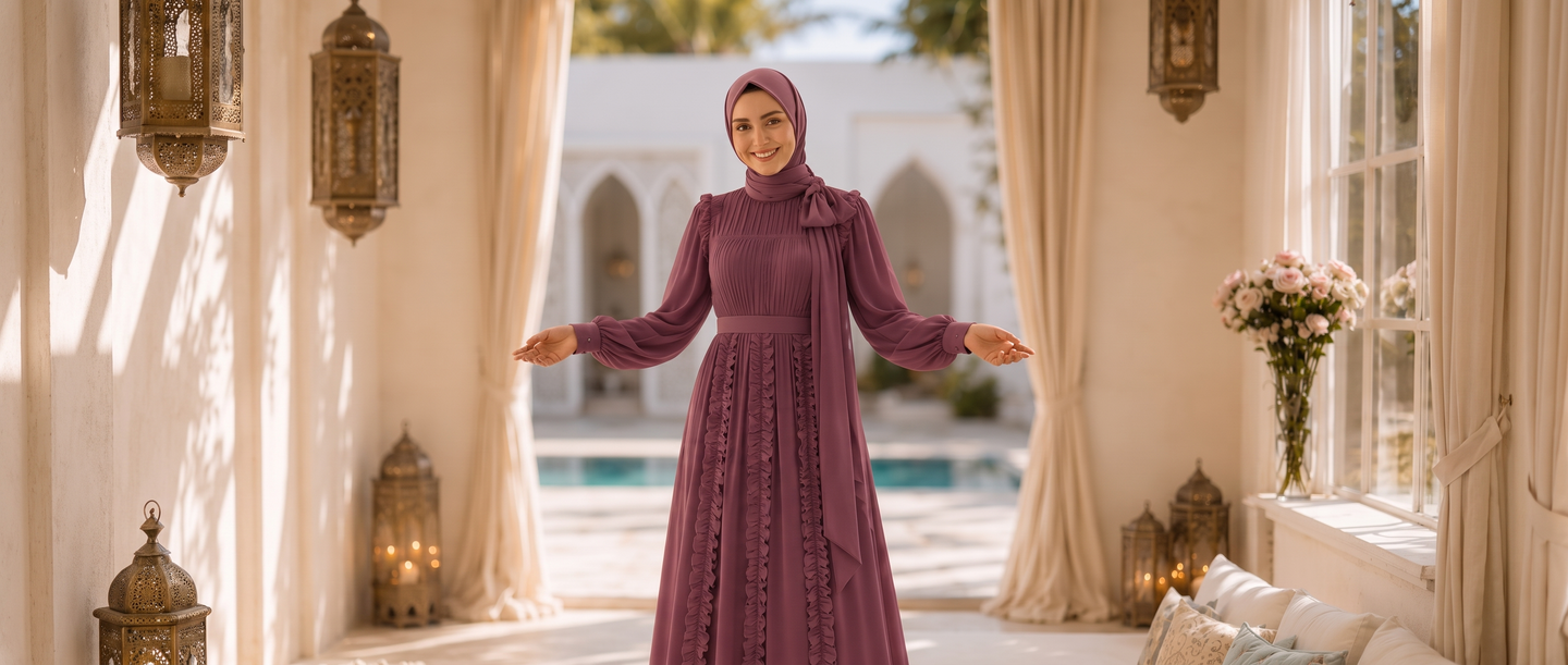 Model wearing the Ethereal Edit Plum chiffon dress — SAYSIRI new arrivals banner