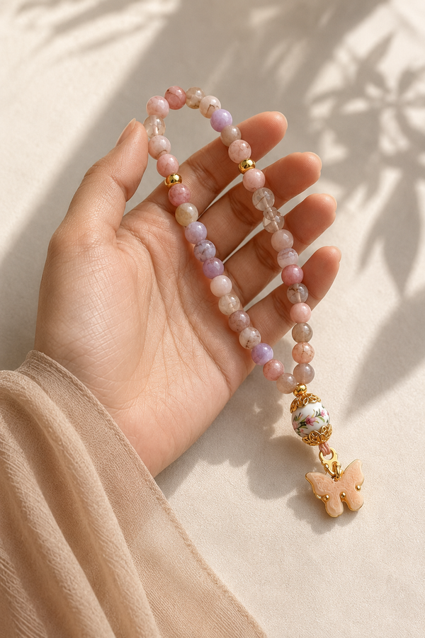 Blush pink natural agate tasbih — 33 prayer beads misbaha