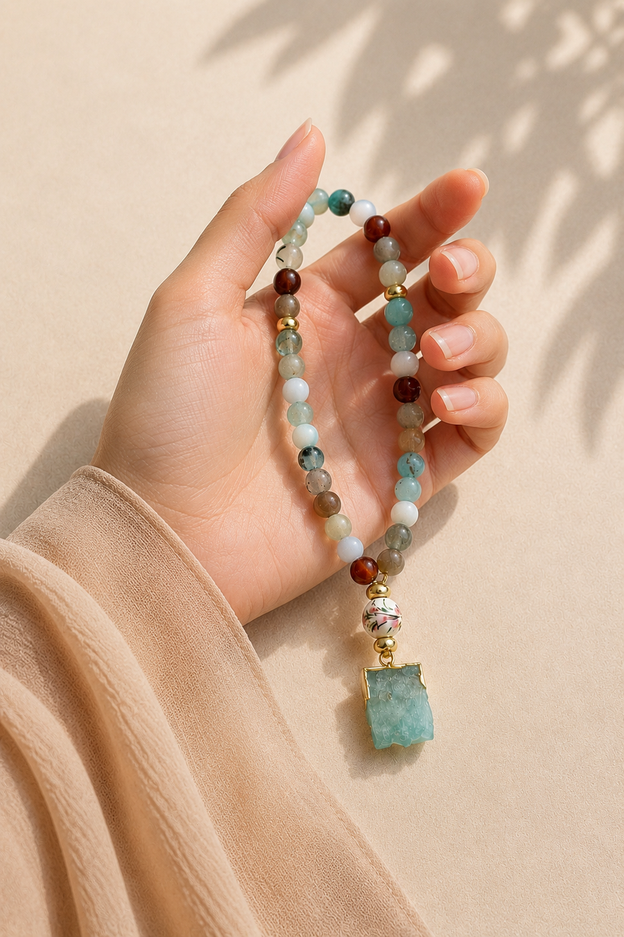 Ocean agate tasbih held in hand — natural stone bead detail