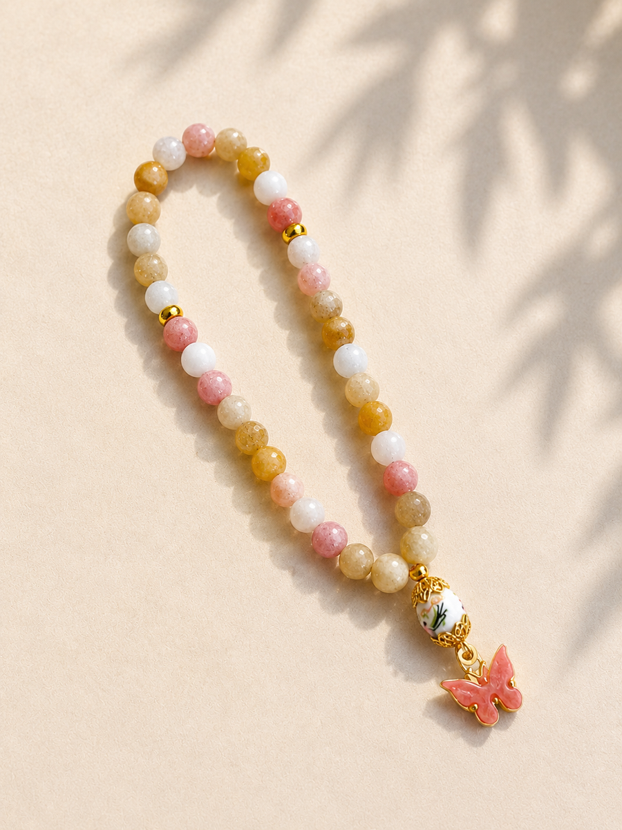 Saysiri yellow agate prayer beads tasbih bracelet with pink butterfly charm — Eid gift