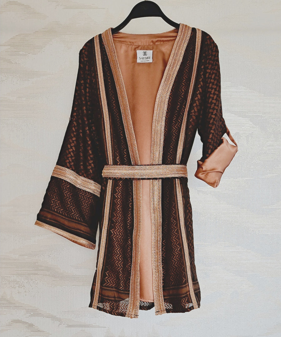 Brown Coffee Keffiyeh Kimono with matching belt — deep brown cotton ghutrah weave, fully lined