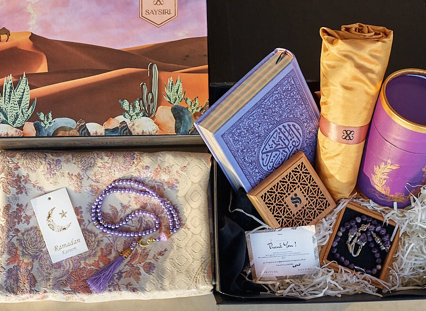 Safia floral prayer mat gift set styled with matching accessories