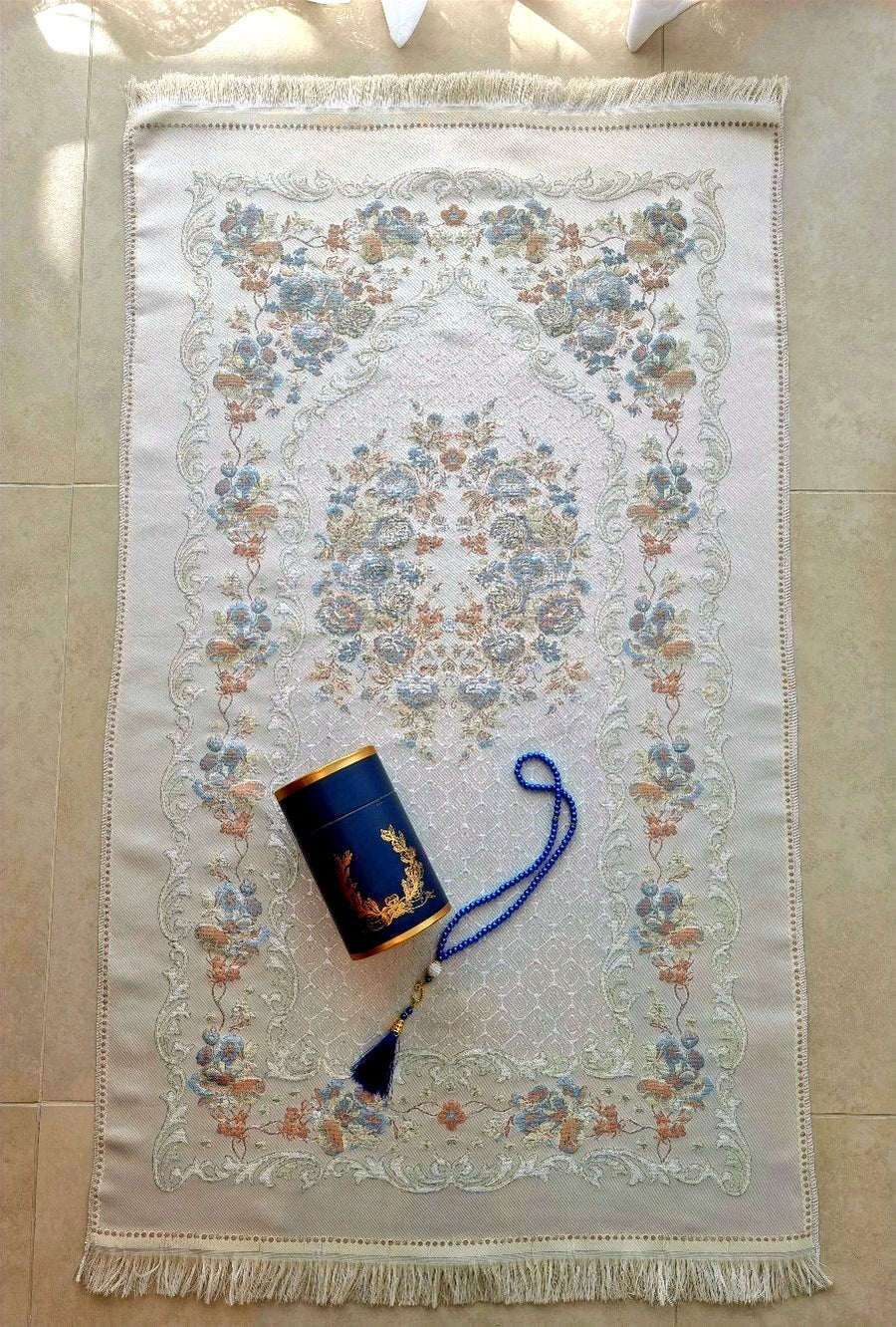 Zafre Blue Safia floral prayer mat with blue gifting accessories