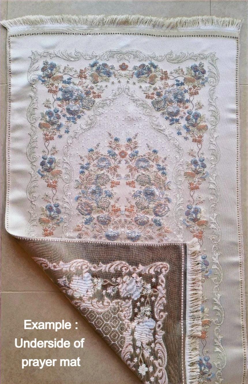 Underside example of the Safia floral prayer mat — soft padded backing