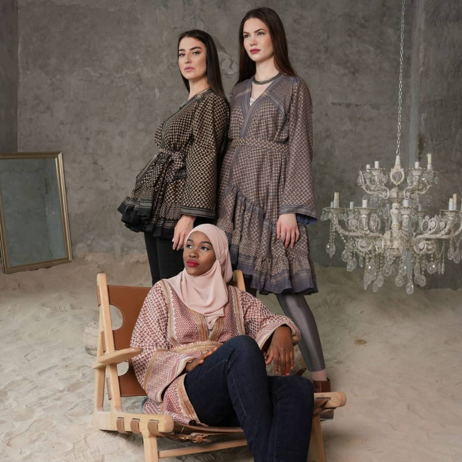 SAYSIRI keffiyeh dresses styled together — group lifestyle shot of the ruffled collection