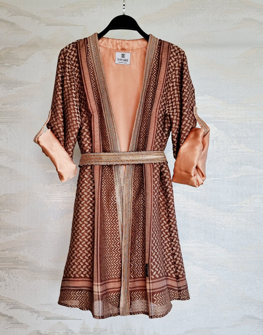 Toffee Brown Keffiyeh Kimono styled with the matching belt and satin lining