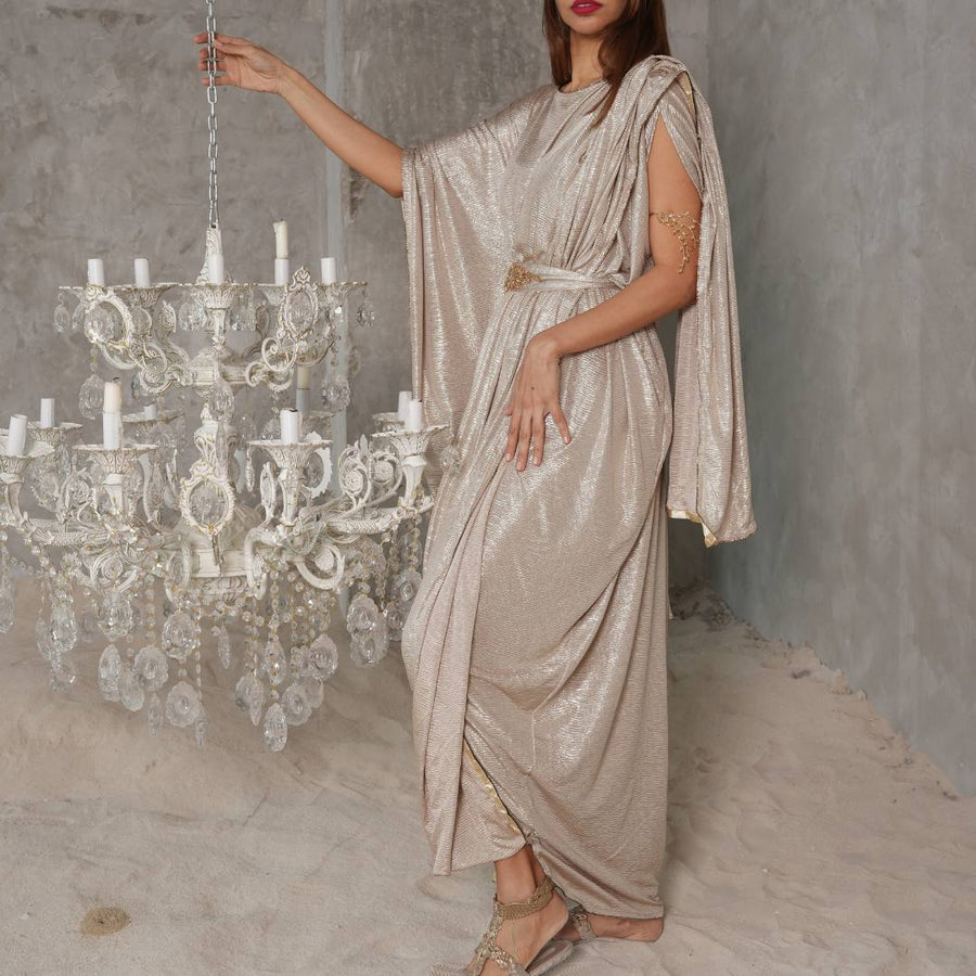 Athena Gold Crepe Maxi Dress — draped champagne-gold silhouette with batwing sleeves