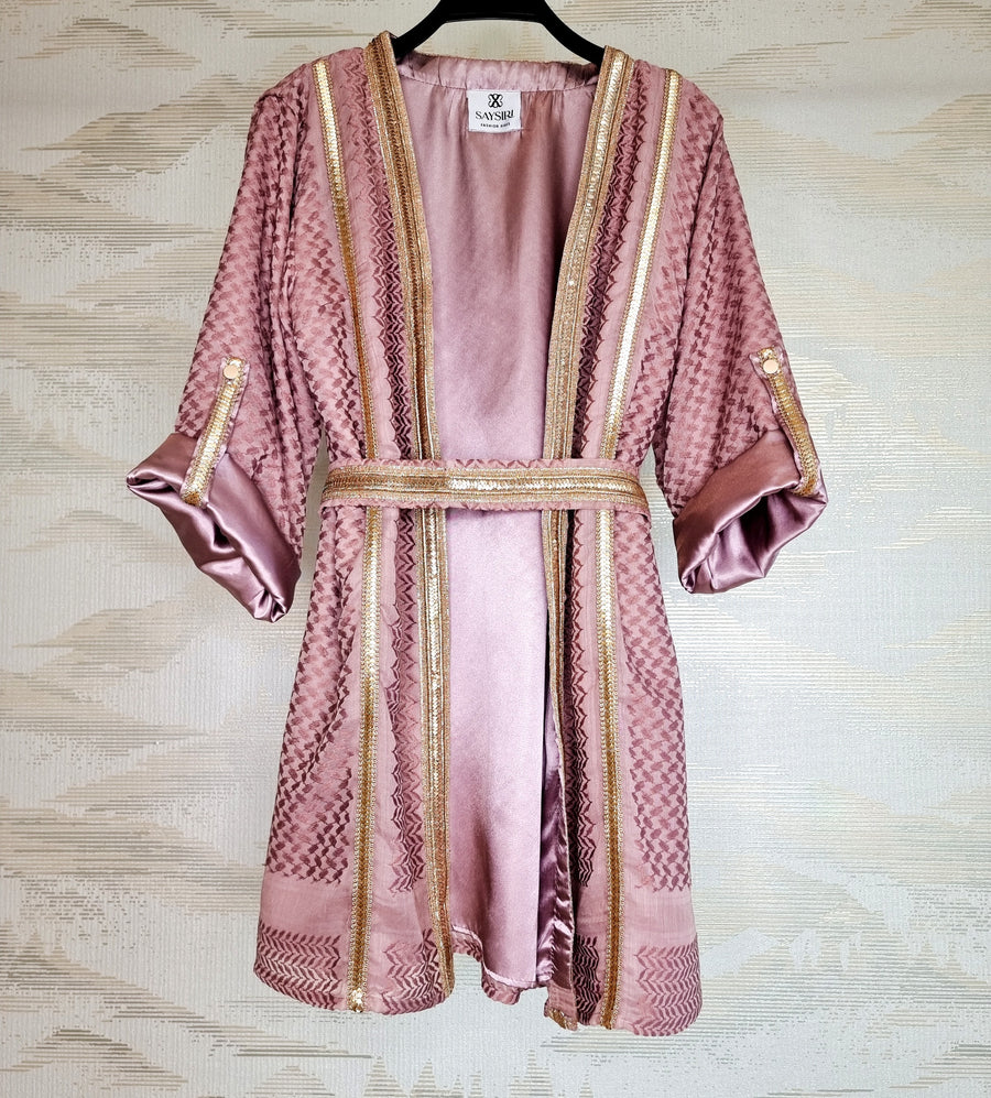 Mauve Pink Keffiyeh Kimono styled with the matching belt, satin lining visible