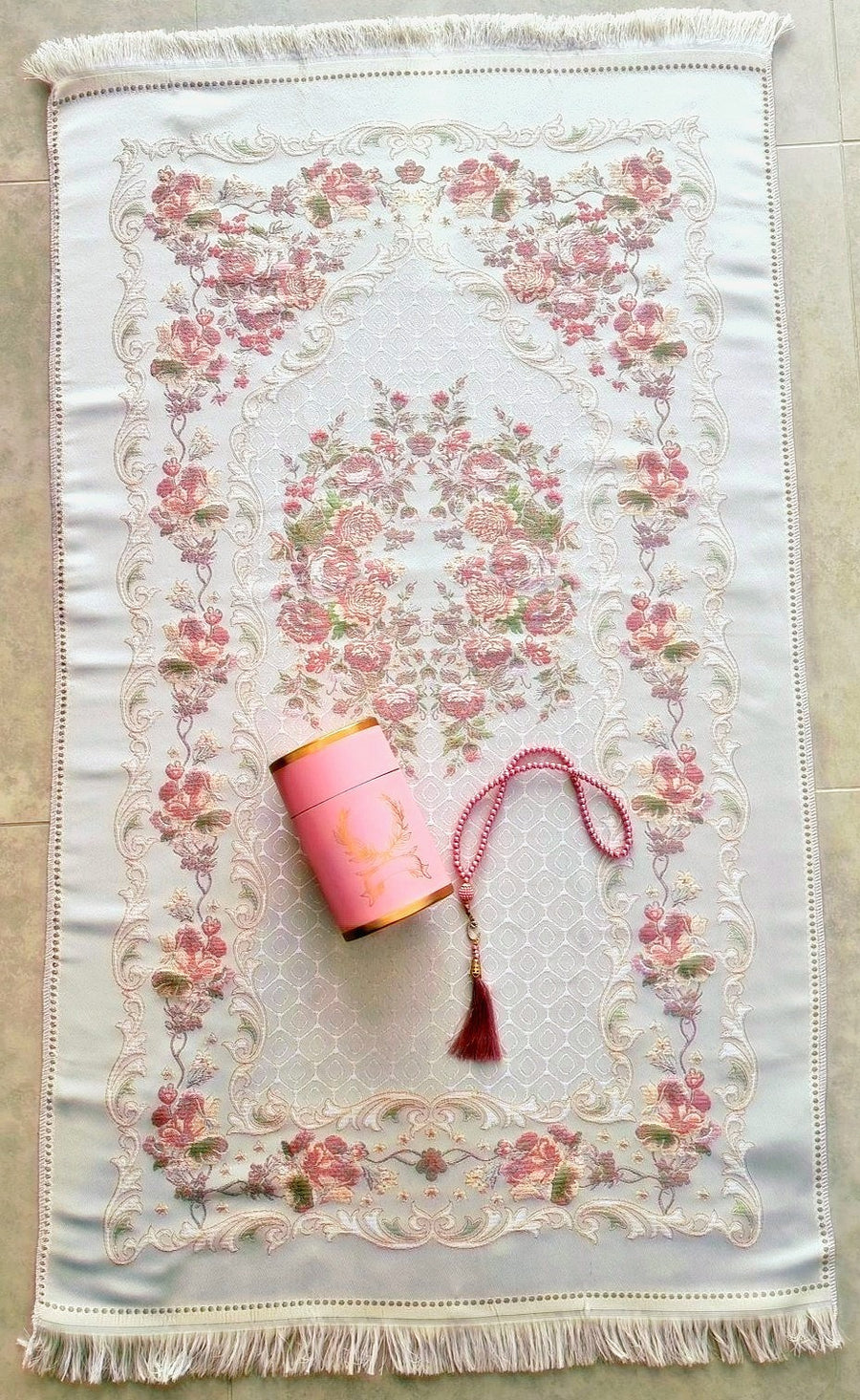 Pink Peonies floral sajadah prayer mat, full view