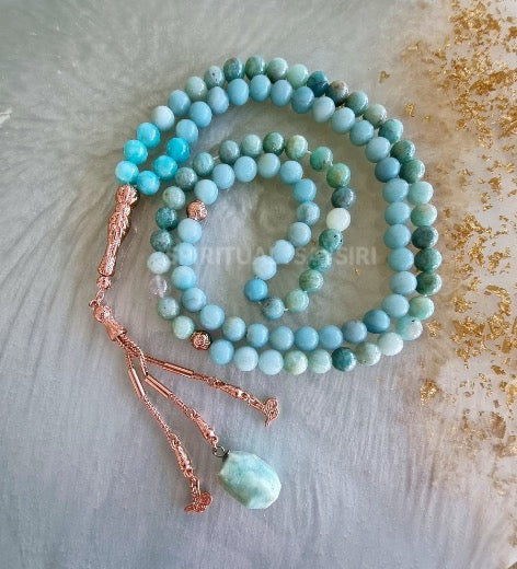 99 amazonite prayer beads tasbih misbaha in turquoise green, coiled display