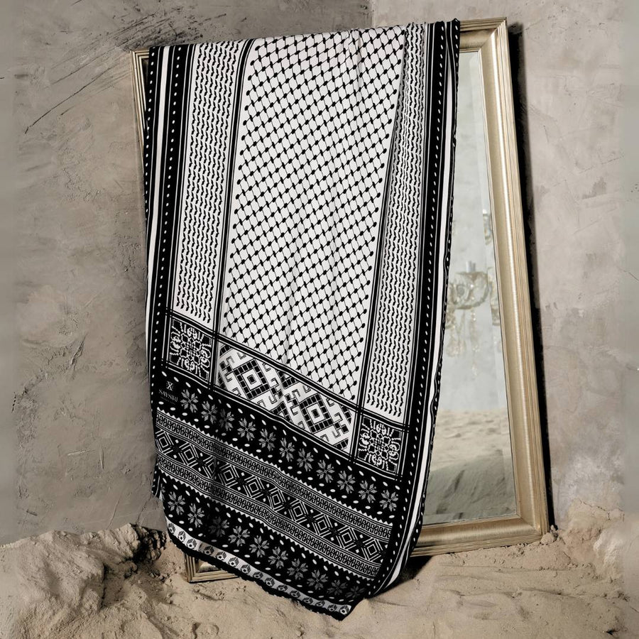 Tatreez Keffiyeh Scarf flat view of the chequered keffiyeh weave print