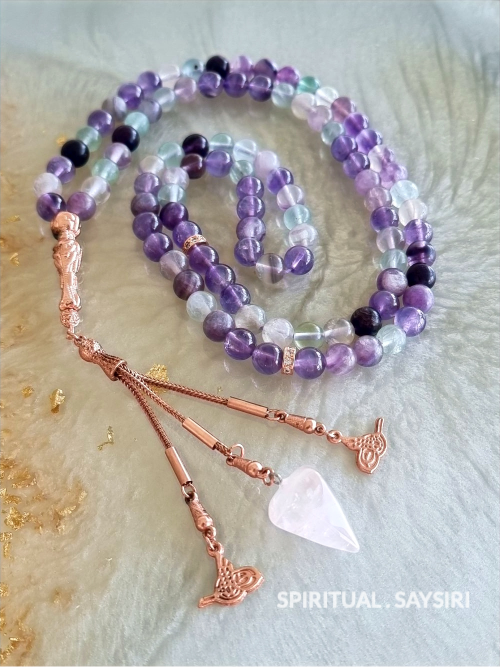 99 fluorite and rose quartz prayer beads tasbih misbaha with rose gold tassel and crystal charm