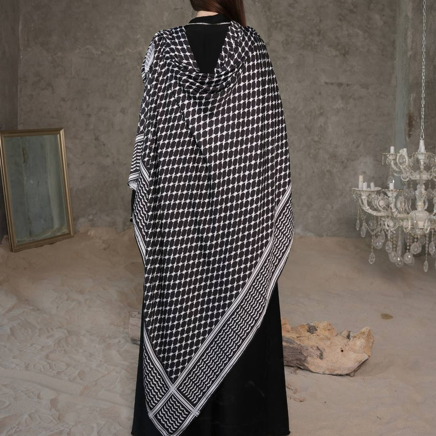 Original Black Keffiyeh Scarf spread flat, showing the full black keffiyeh print