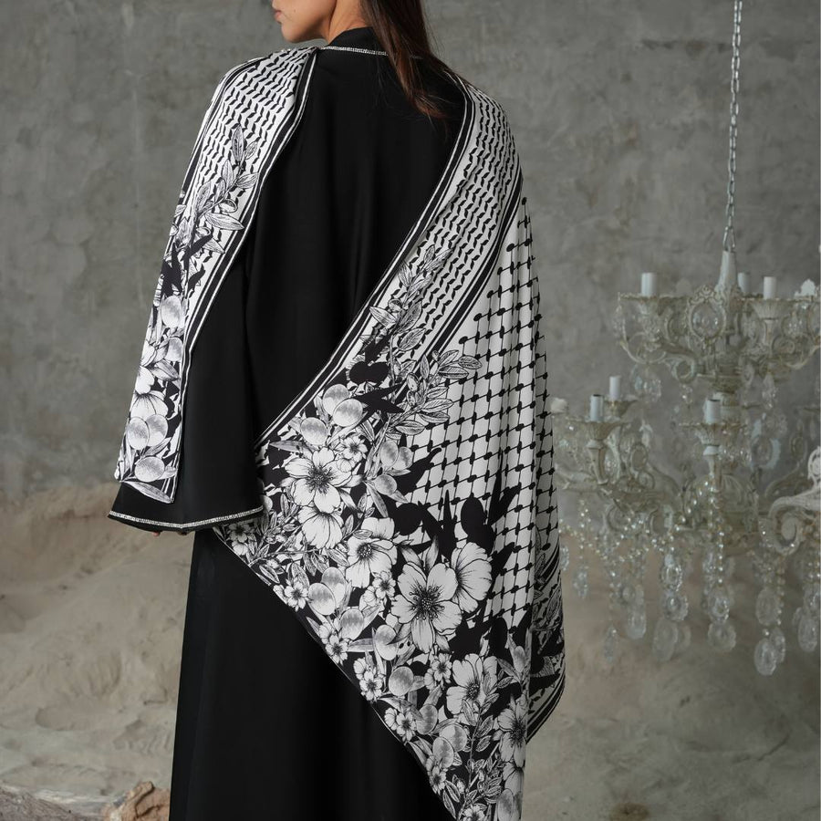 Back drape of the Olive Floral Keffiyeh Scarf showing the floral border