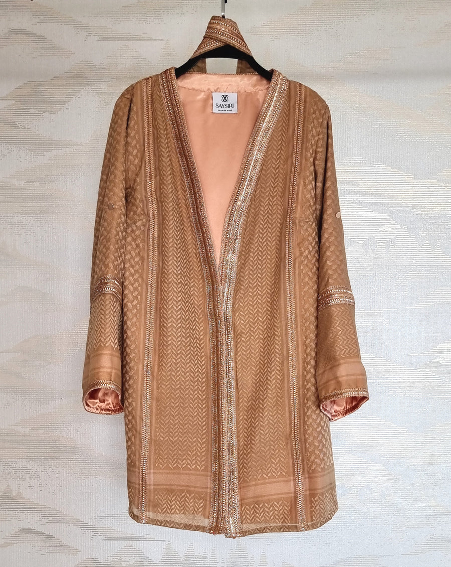 Sand Gold Keffiyeh Kimono hanging open — warm sand cotton ghutrah weave, fully lined modest outerwear