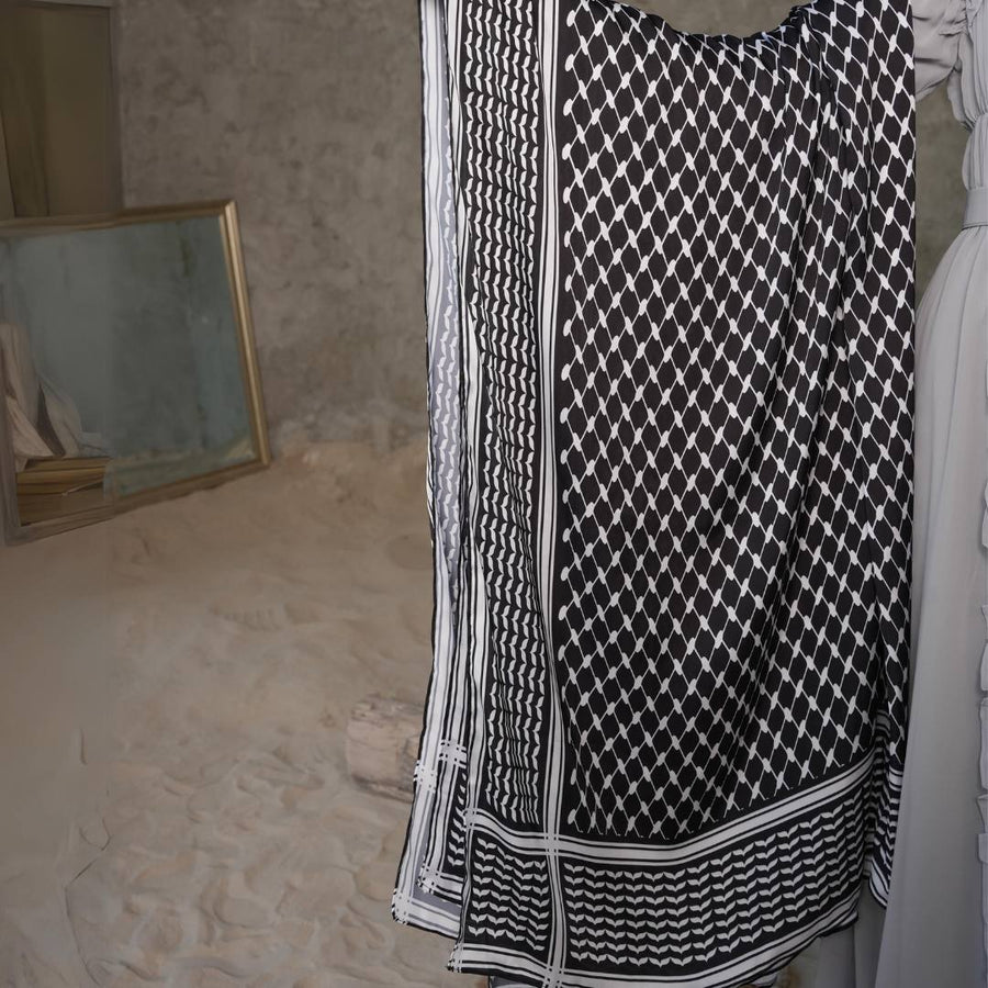 Original Black Keffiyeh Scarf draped to show the fluid satin fall