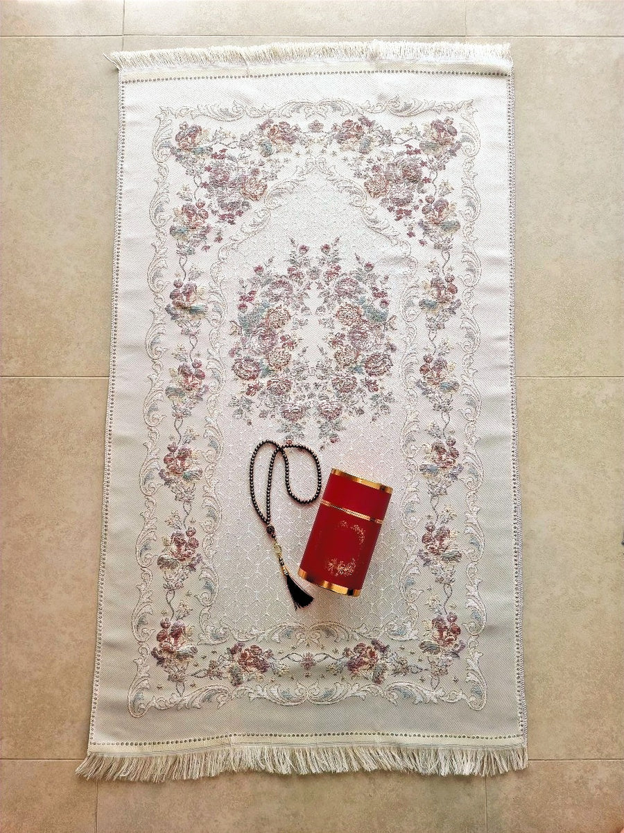 Rose Zahraa Safia floral prayer mat hanging, full view
