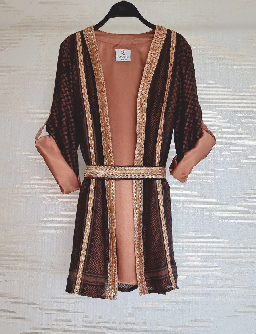 Brown Coffee Keffiyeh Kimono belted with sleeves rolled to show the satin lining