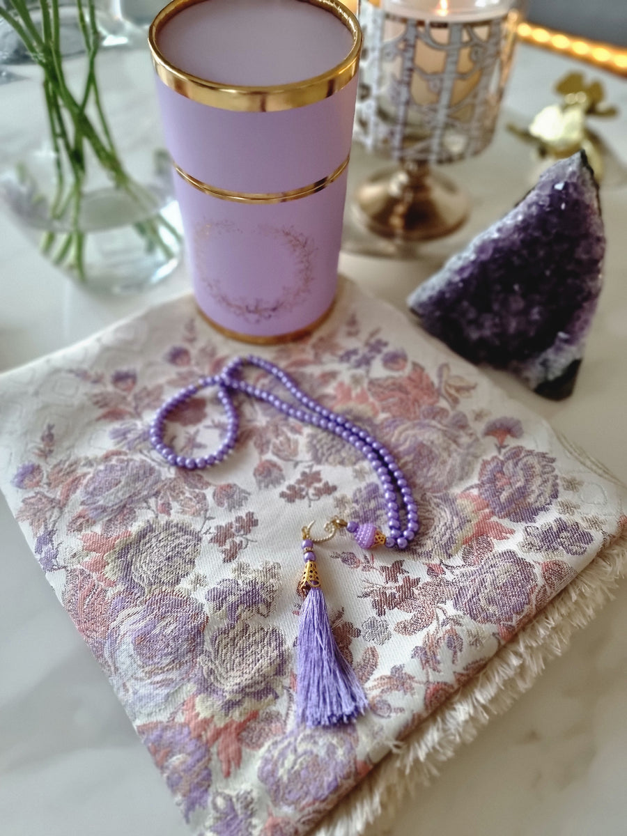 Safia floral prayer mat personalisation display with tumbler and tasbih