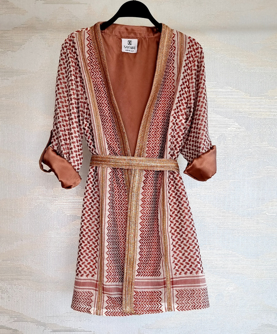 Mauve Pink & Beige Keffiyeh Kimono styled with the matching belt