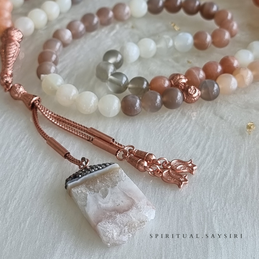 Rose quartz tasbih with raw crystal pendant — blush pink misbaha