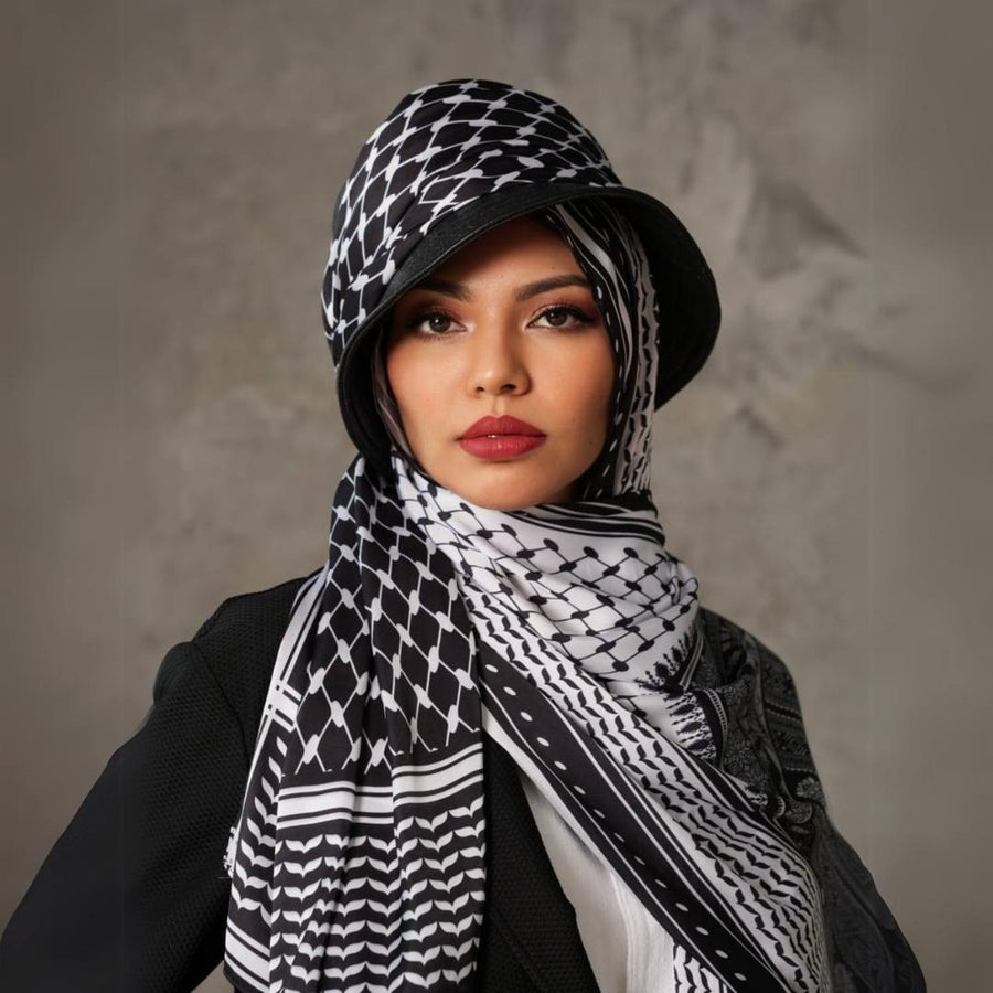 Model wearing the Original Black Keffiyeh Scarf as a headwrap — Armani satin keffiyeh print