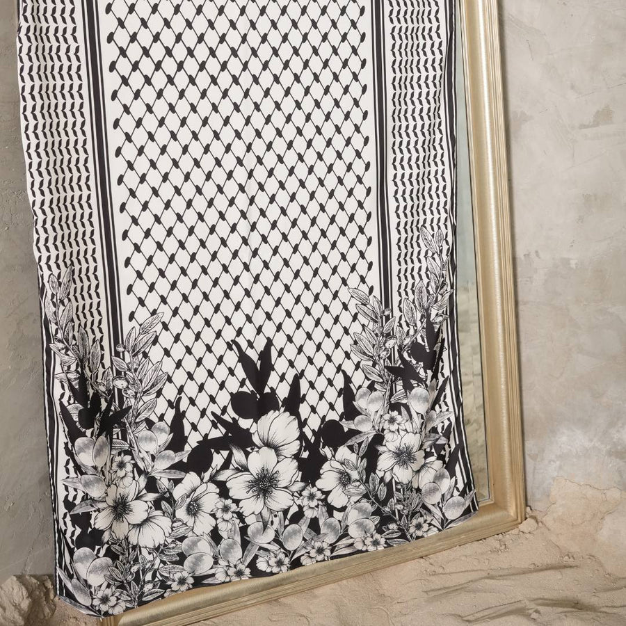Olive Floral Keffiyeh Scarf displayed flat, full print view
