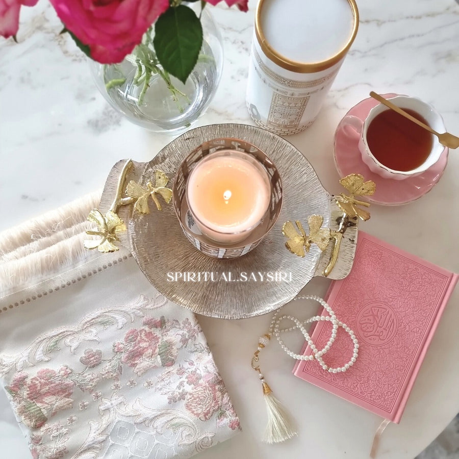 Pink Peonies floral prayer mat styled with rose and gold accents