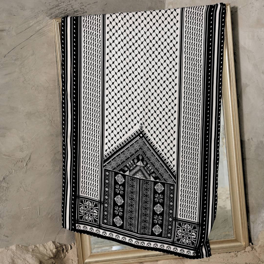 Tatreez Keffiyeh Scarf displayed flat, showing the chevron tatreez border print