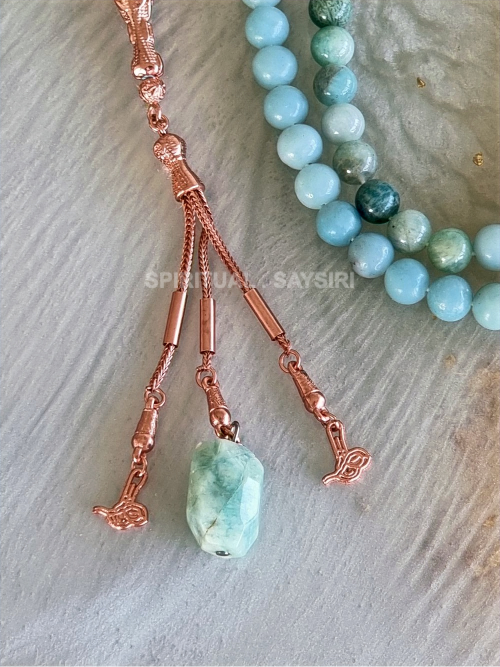 99 amazonite tasbih strand with rose gold tassel and stone drop