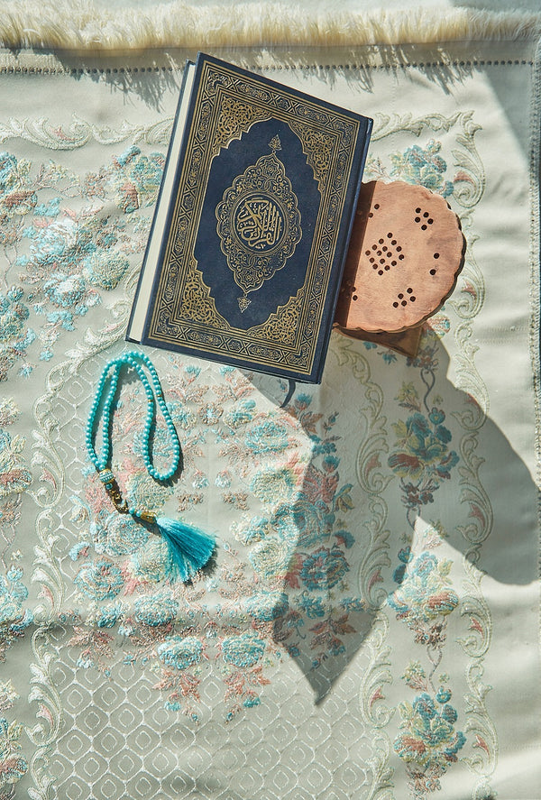 Sky Blue Safia floral sajadah prayer mat, styled view