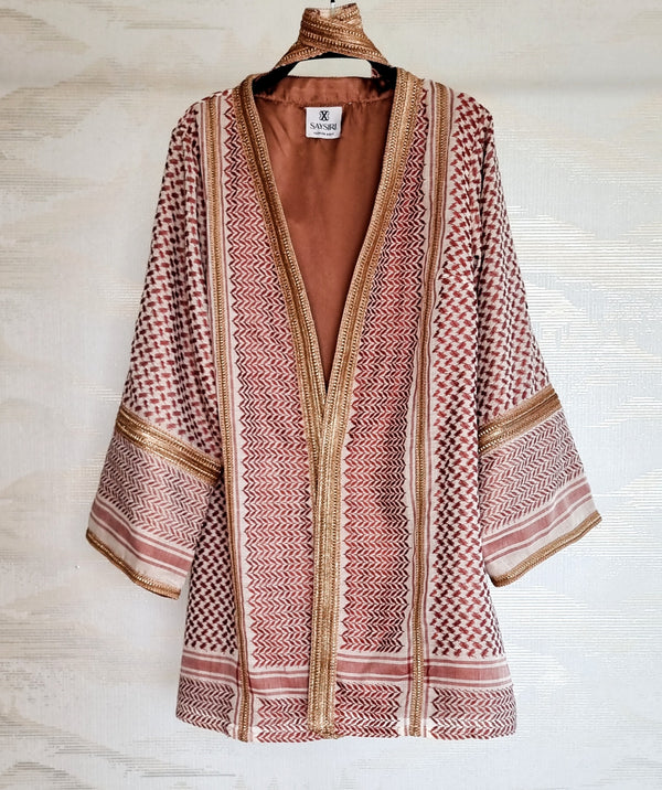 Mauve Pink & Beige Keffiyeh Kimono hanging open — two-tone cotton ghutrah weave, fully lined