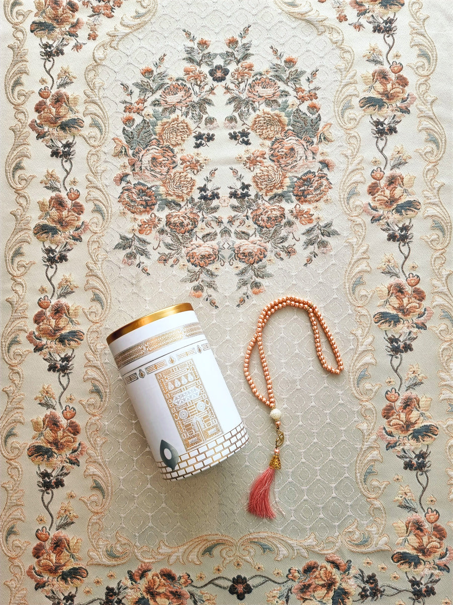 Angel Peach Safia floral prayer mat with jar and peach tassel