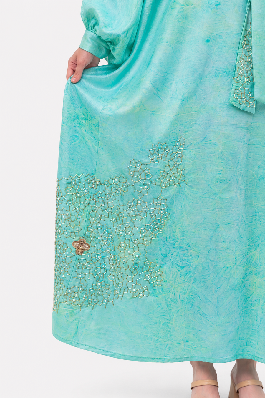 Bee print fabric detail on the Turquoise Bee Dress