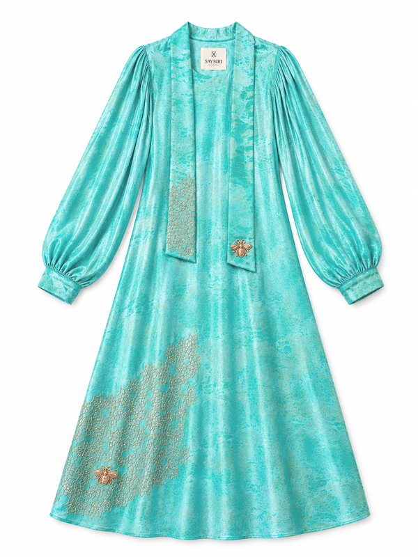 Turquoise Bee Dress flat lay with matching belt