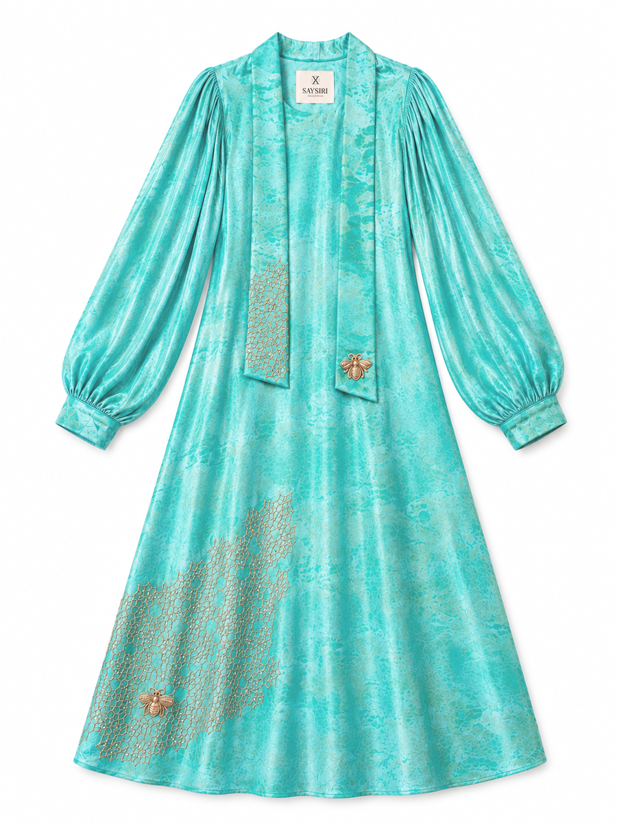 Turquoise Bee Dress flat lay with matching belt