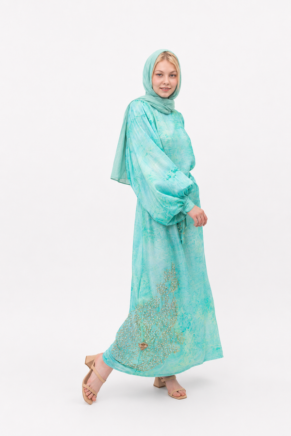 Bee Dress with Belt in Turquoise — printed midi dress with matching belt