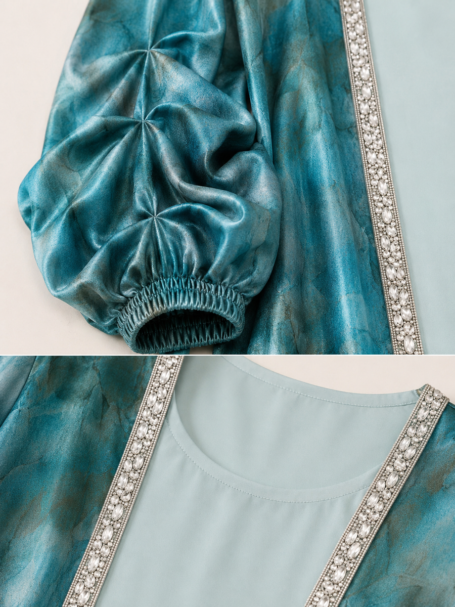 Blue Oasis Paddle Pop Kaftan — tie-dye fabric and trim detail