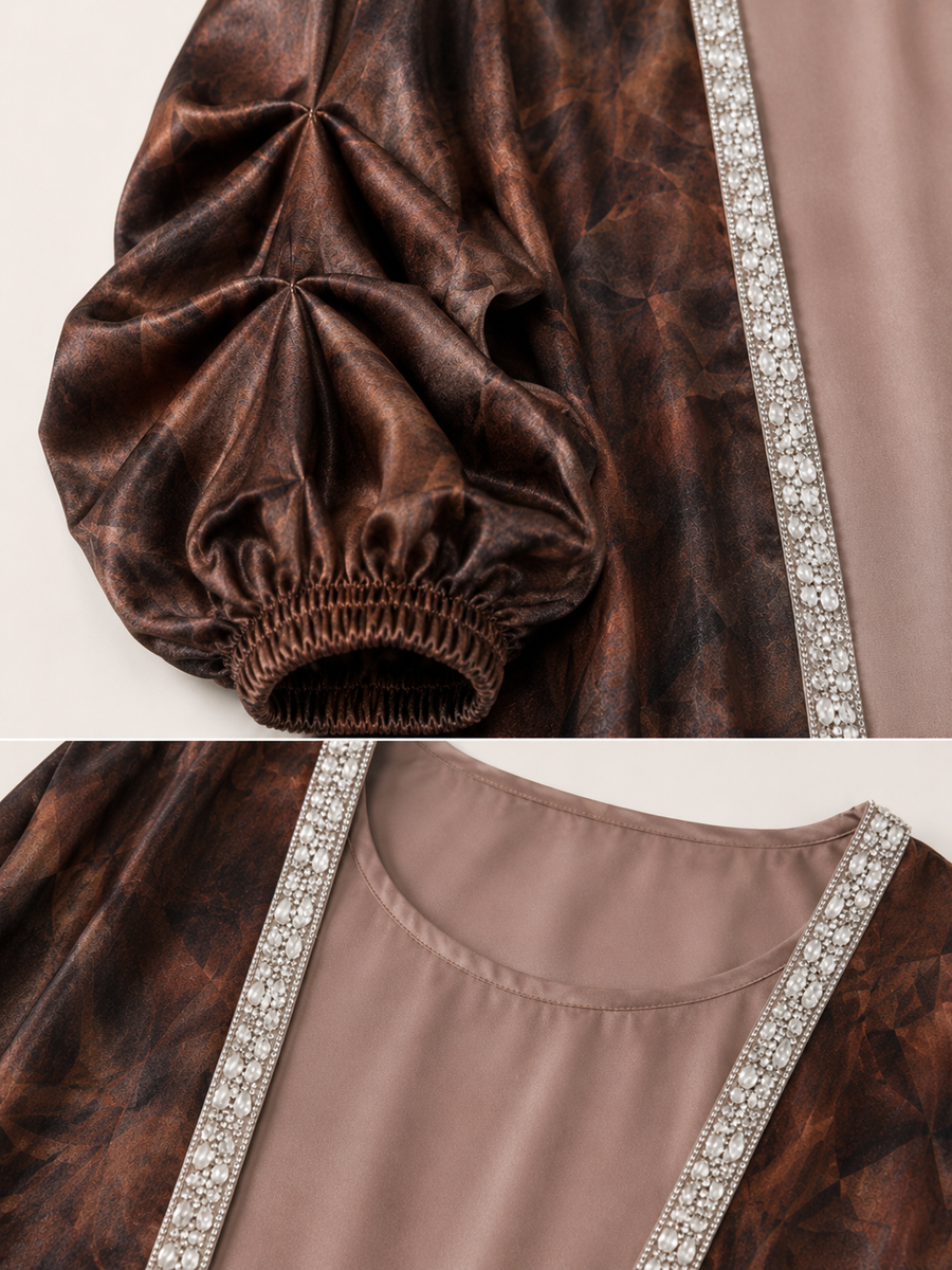 Brown Paddle Pop Kaftan — tie-dye fabric and trim detail