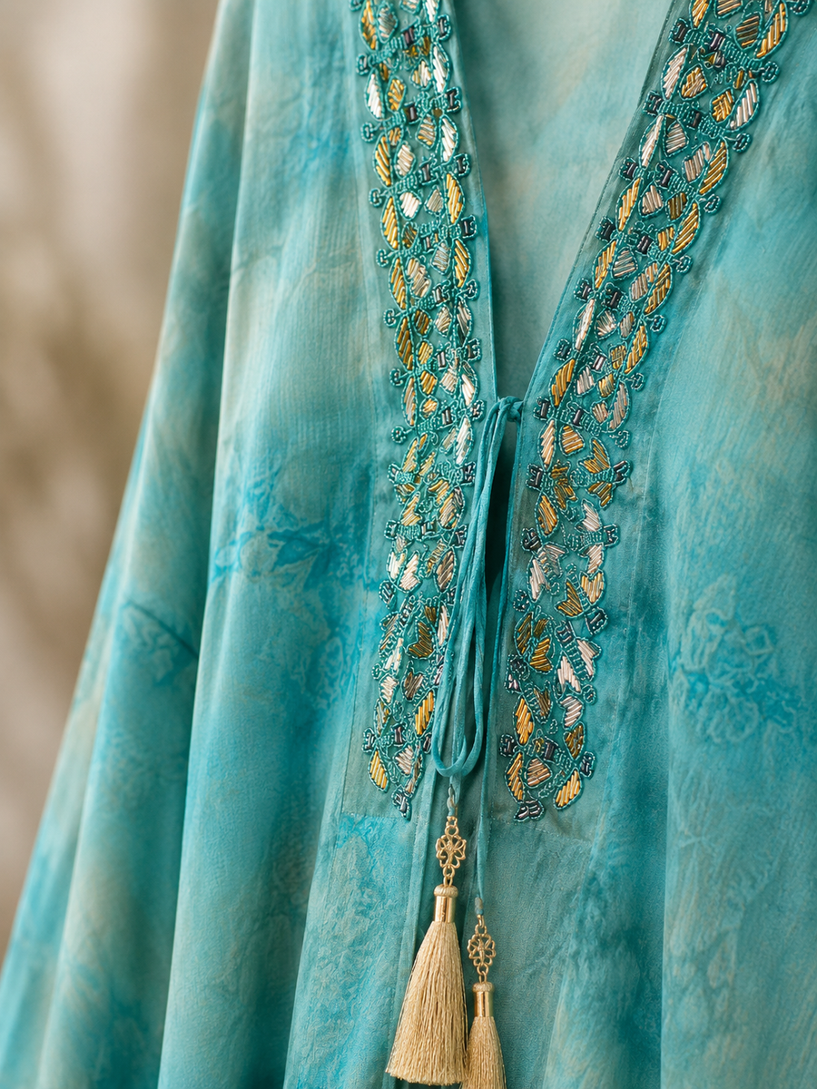 Trim detail on the Turquoise Butterfly Kaftan