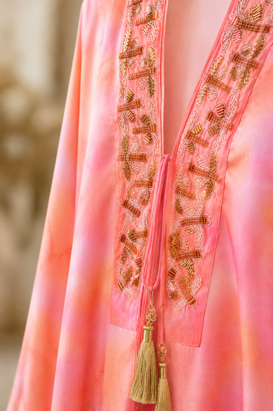 Embroidered trim detail on the Pink Butterfly Kaftan