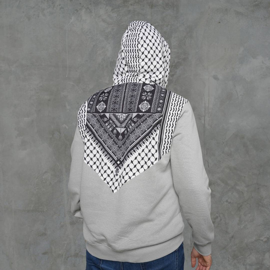 Grey Keffiyeh Hoodie back view with hood up