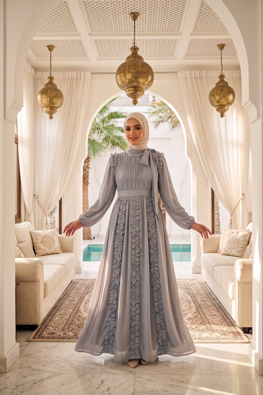 Model wearing the Dove Ethereal Edit chiffon dress in a bright Moroccan-style interior