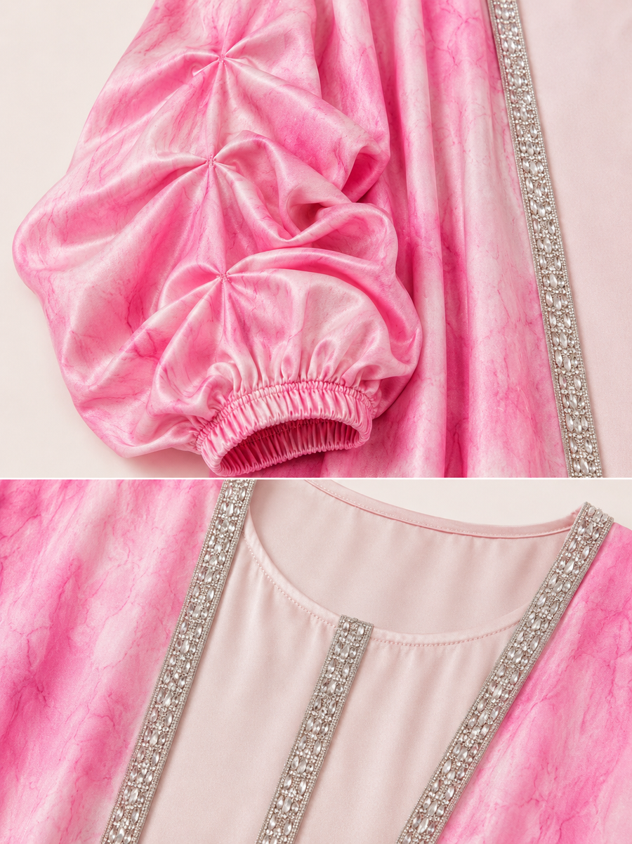 Hot Pink Paddle Pop Kaftan — tie-dye fabric and trim detail