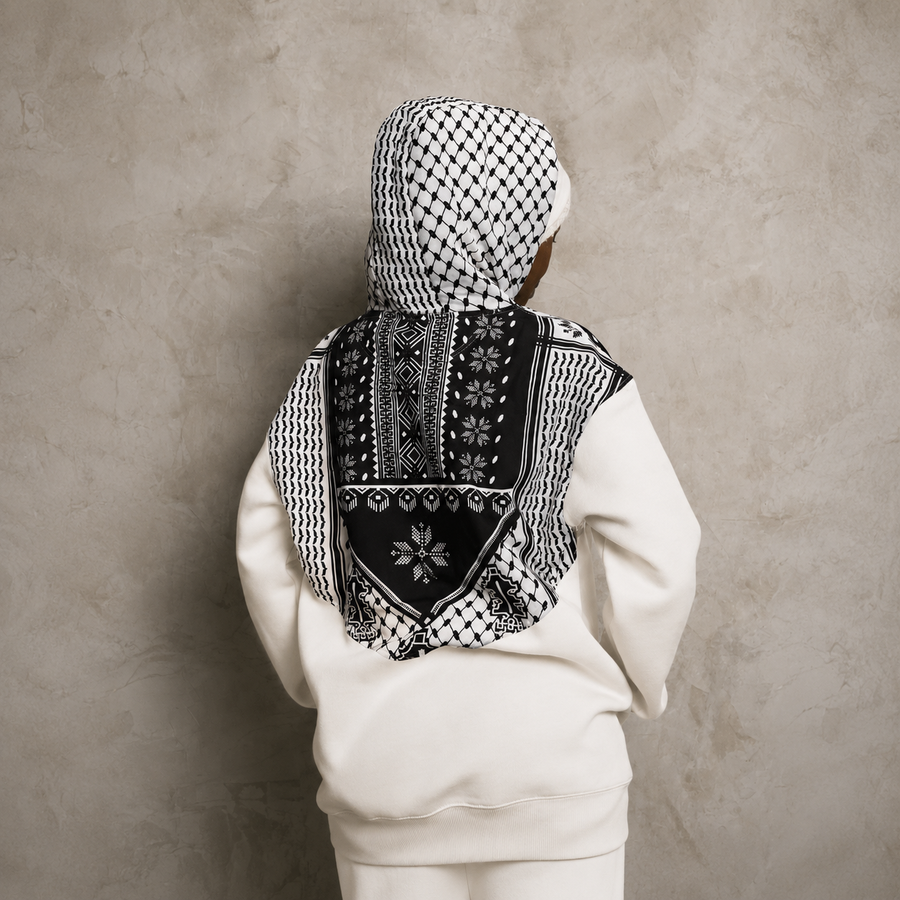 White Keffiyeh Hoodie back view with hood up