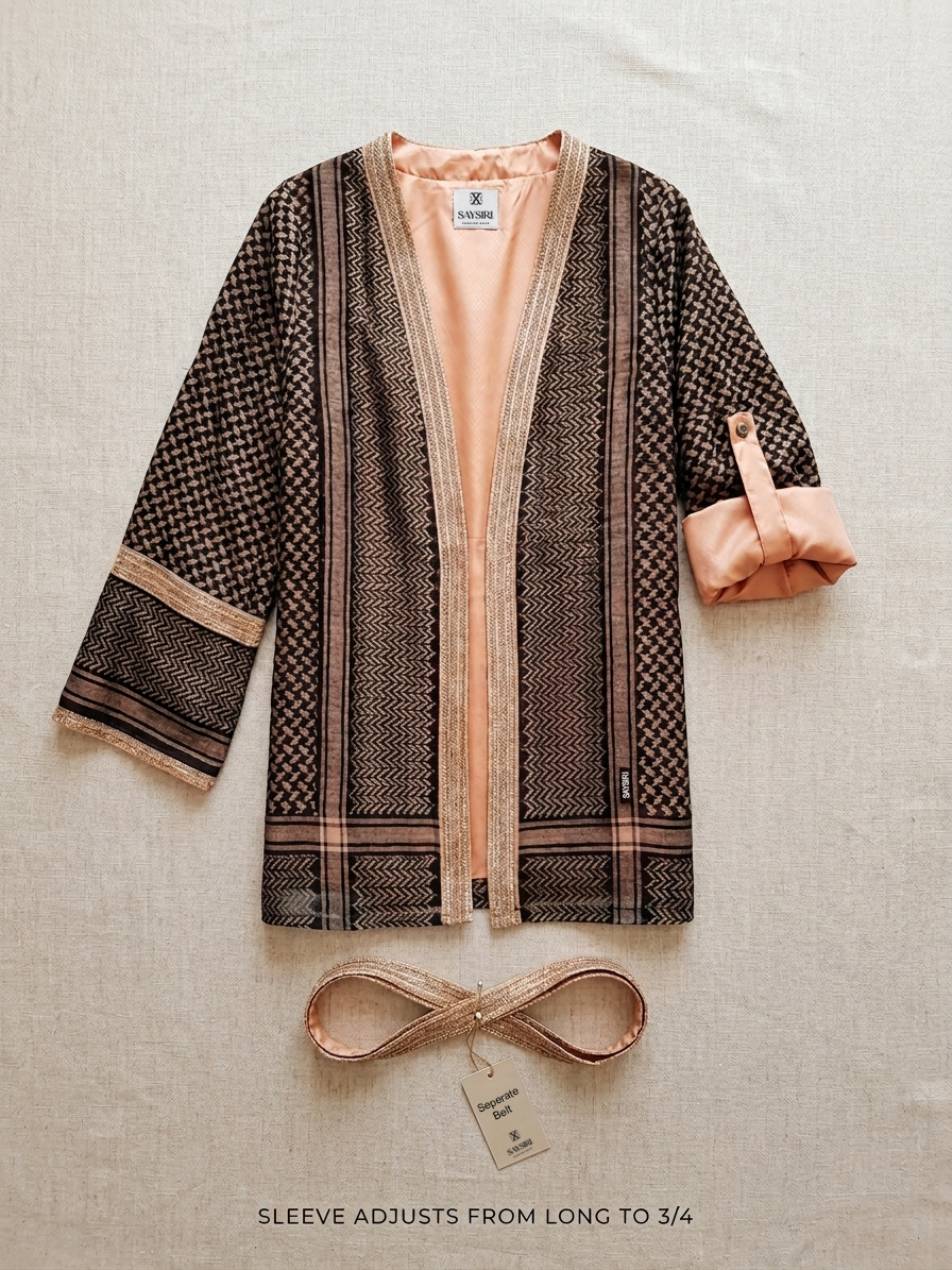 Keffiyeh Kimono flat lay with belt — sleeves adjust from long to three-quarter